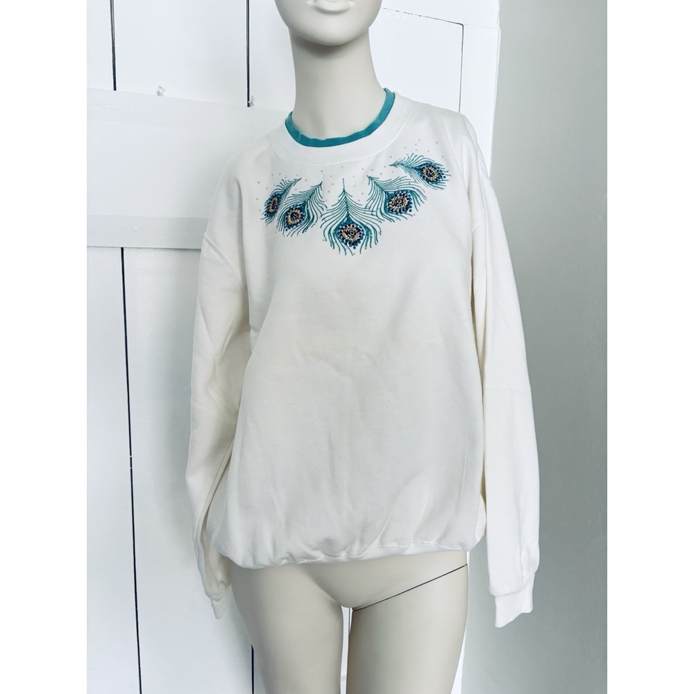 Trilllogy By Morning Sun Blue Peacock Feather Mock Layered Sweatshirt Pullover L